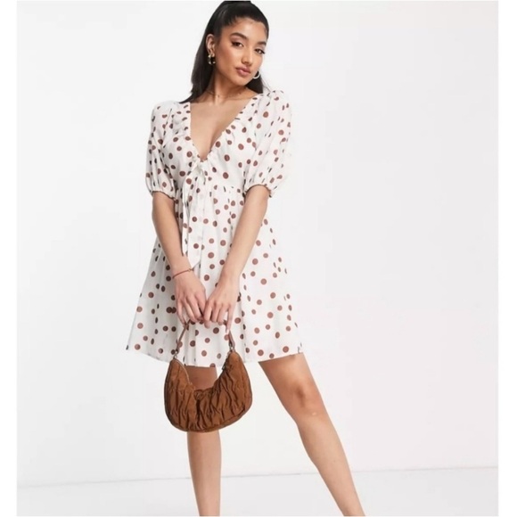 Abercrombie & Fitch Cream & Brown Polka Dot Puff Sleeve Mini Dress, Size SP - Picture 4 of 12